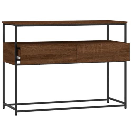 Brown Oak Narrow Console Table with 2 Drawers & Shelf L745015
