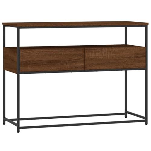 Brown Oak Narrow Console Table with 2 Drawers & Shelf L745015