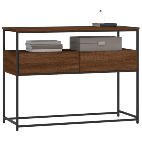 Brown Oak Narrow Console Table with 2 Drawers & Shelf L745015