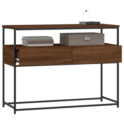 Brown Oak Narrow Console Table with 2 Drawers & Shelf L745015