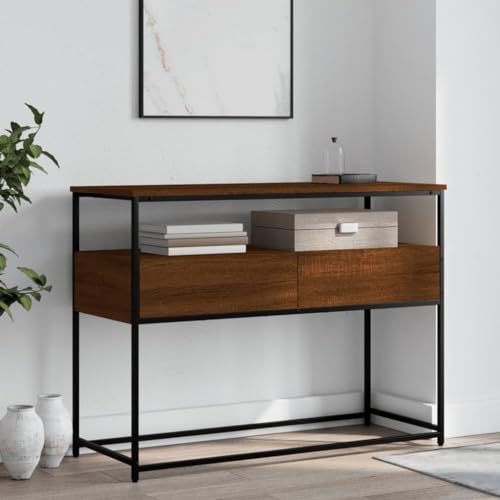 Brown Oak Narrow Console Table with 2 Drawers & Shelf L745015