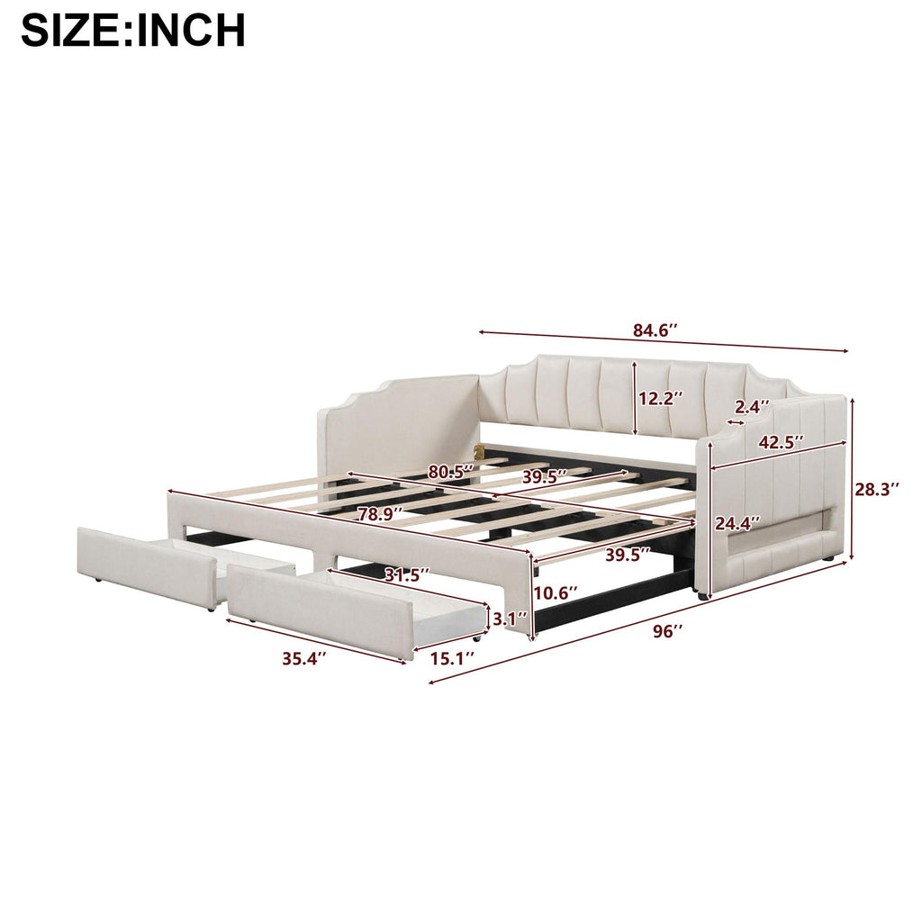 Linen Upholstered Daybed with Trundle and 2 Storage Drawers L23655