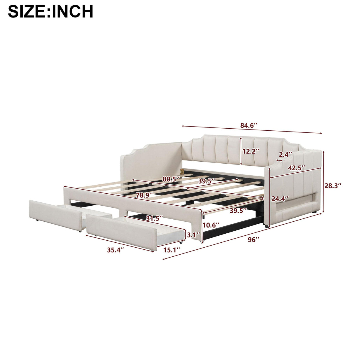 Linen Upholstered Daybed with Trundle and 2 Storage Drawers L23655