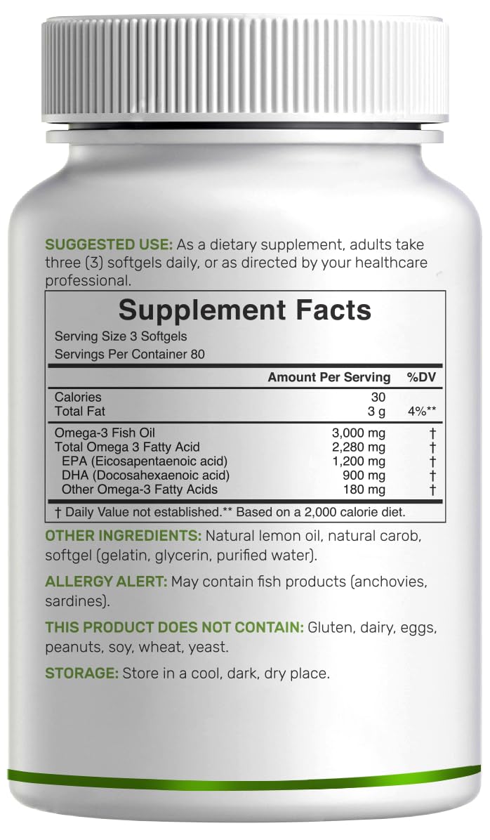 Omega 3 Fish Oil 3,000mg 240 Softgels EPA DHA Lemon Flavored P56195