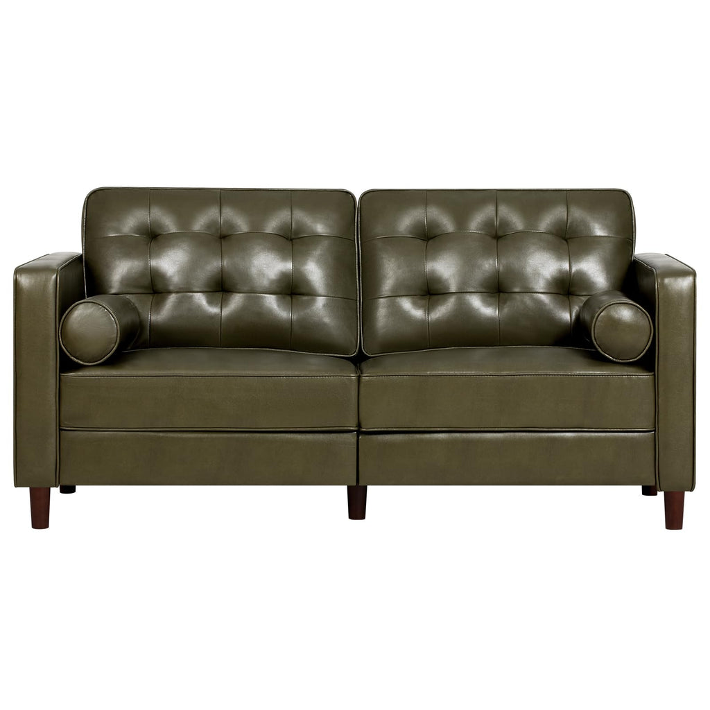 67" Olive Green Faux Leather 2-Seater Sofa with Bolster Pillows F99687