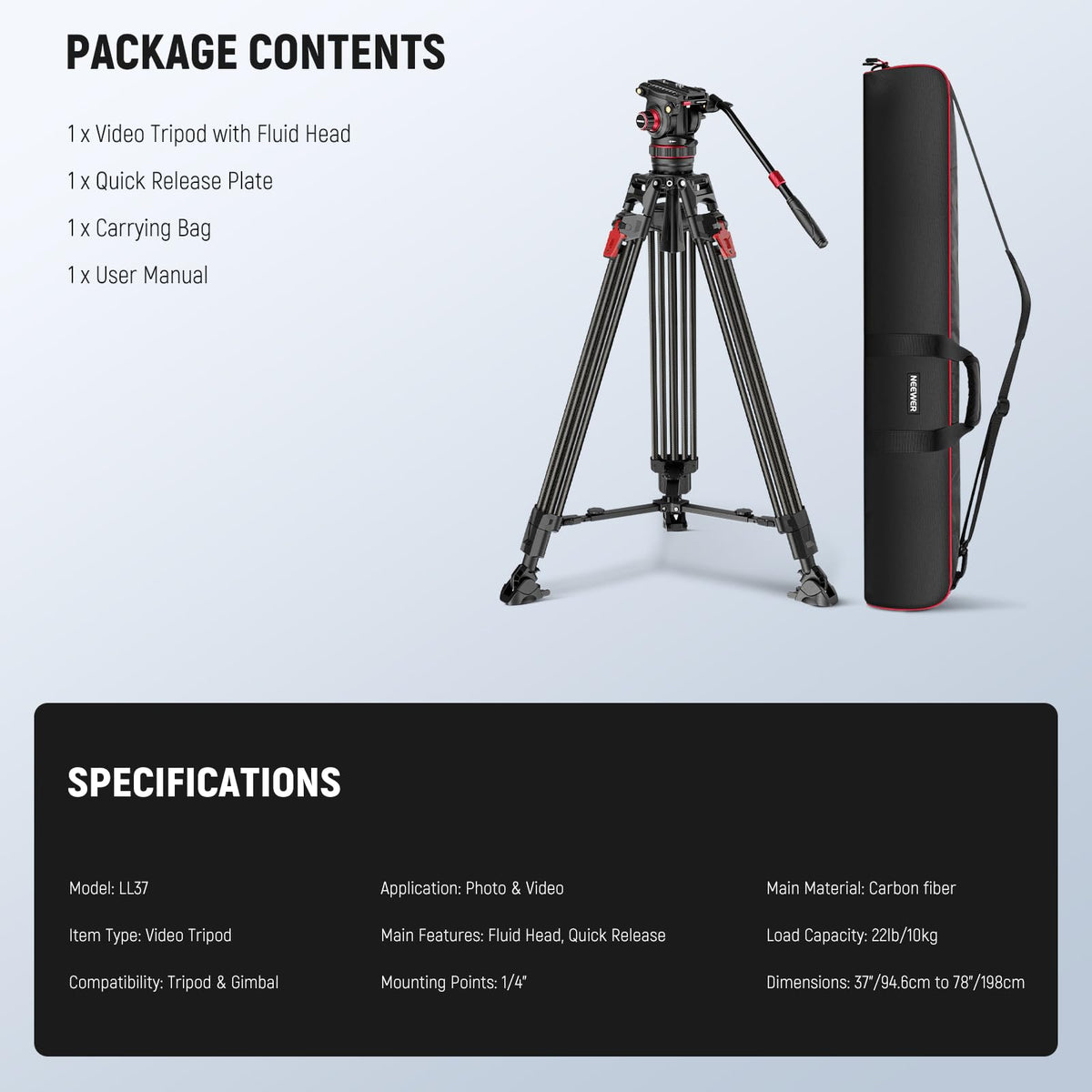 Carbon Fiber Video Camera Tripod with Fluid Head G633254