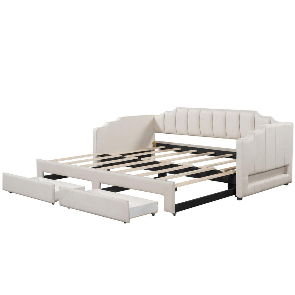 Linen Upholstered Daybed with Trundle and 2 Storage Drawers L23655
