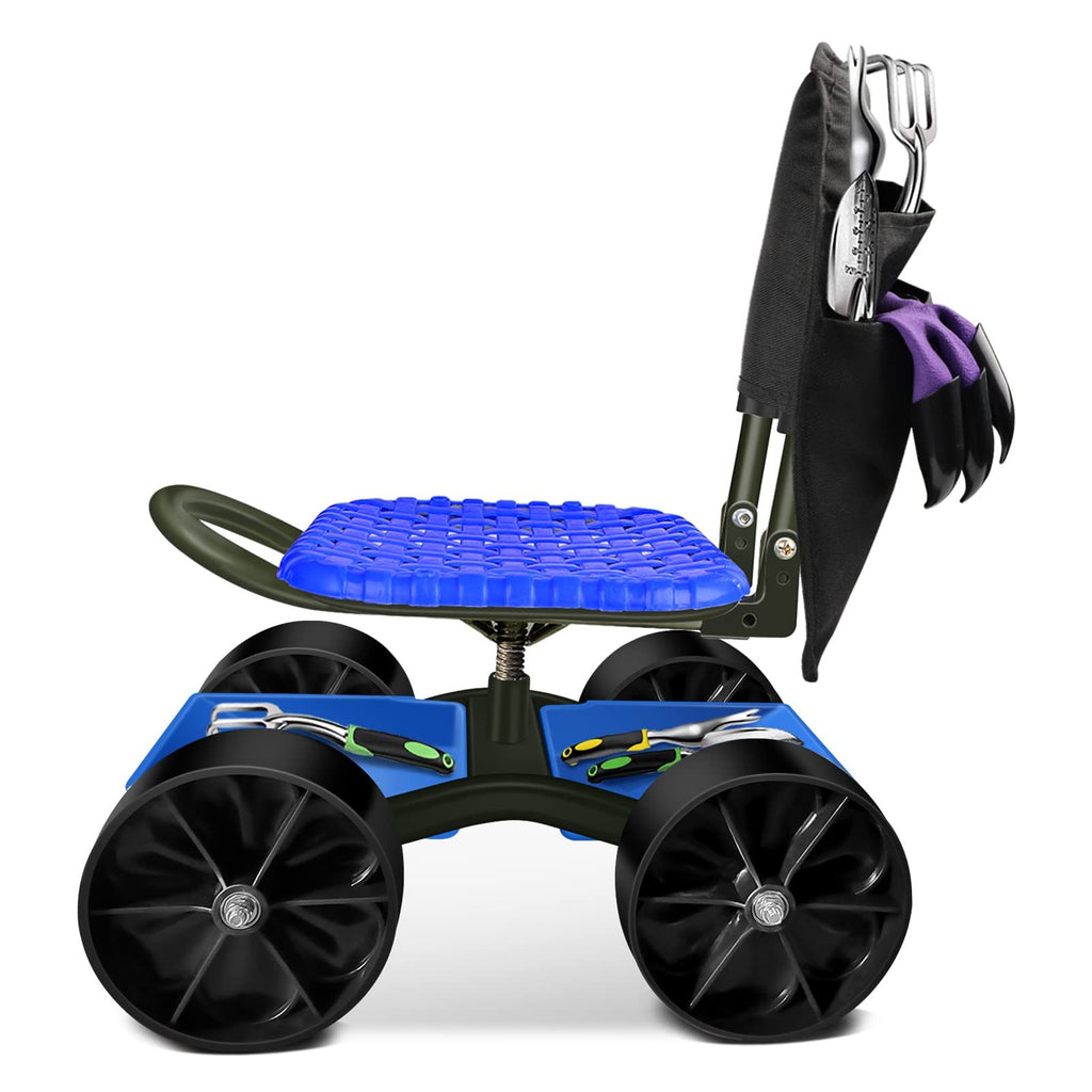 Blue Rolling Garden Cart with Four Wheels and Tool Bag F7205