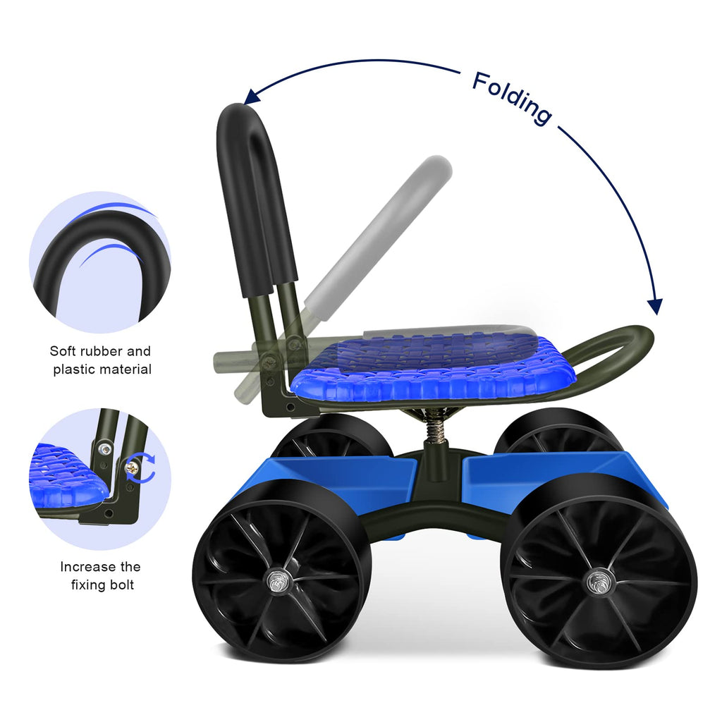Blue Rolling Garden Cart with Four Wheels and Tool Bag F7205