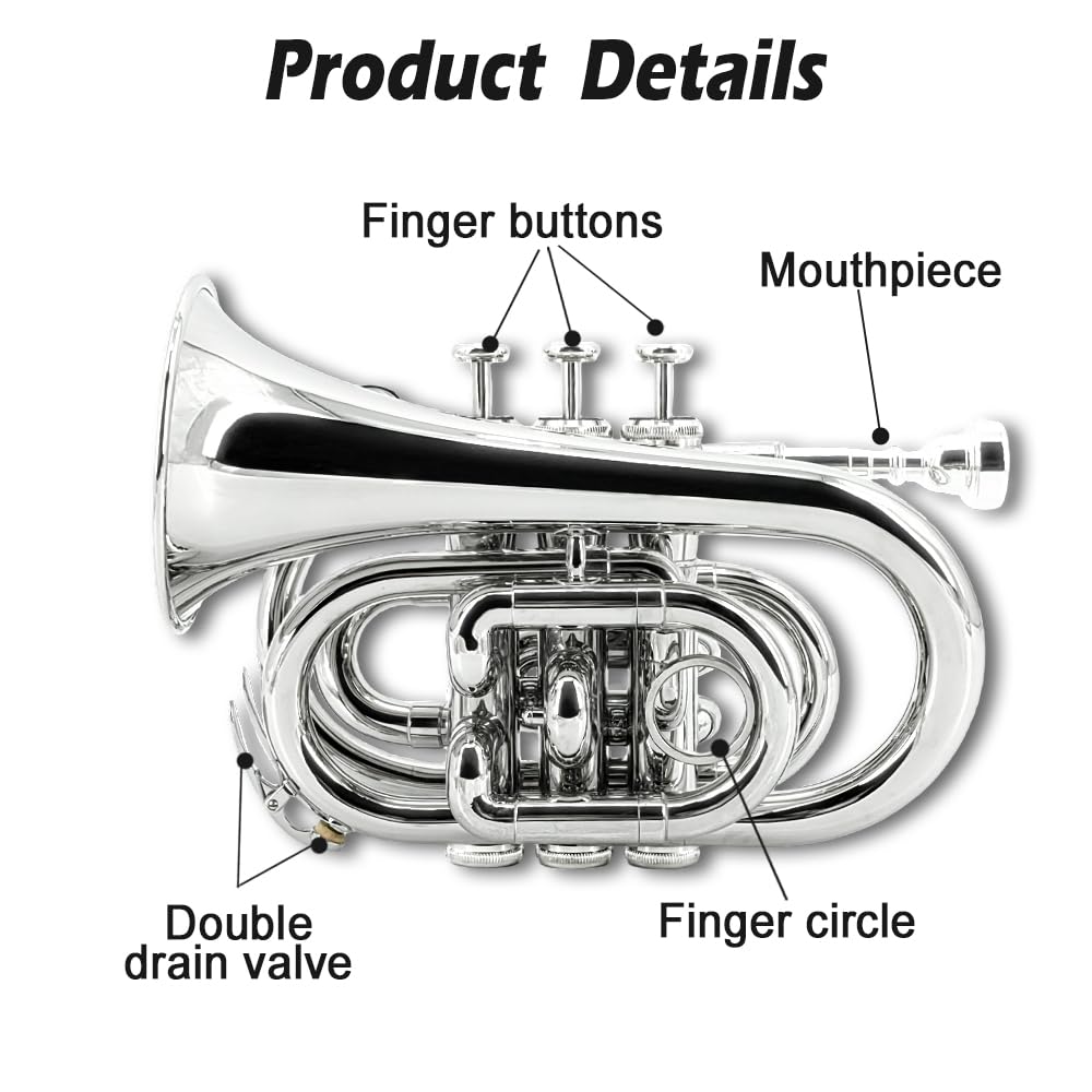 Pocket Trumpet Mini Brass Instrument with 7C Mouthpiece & Case Z428