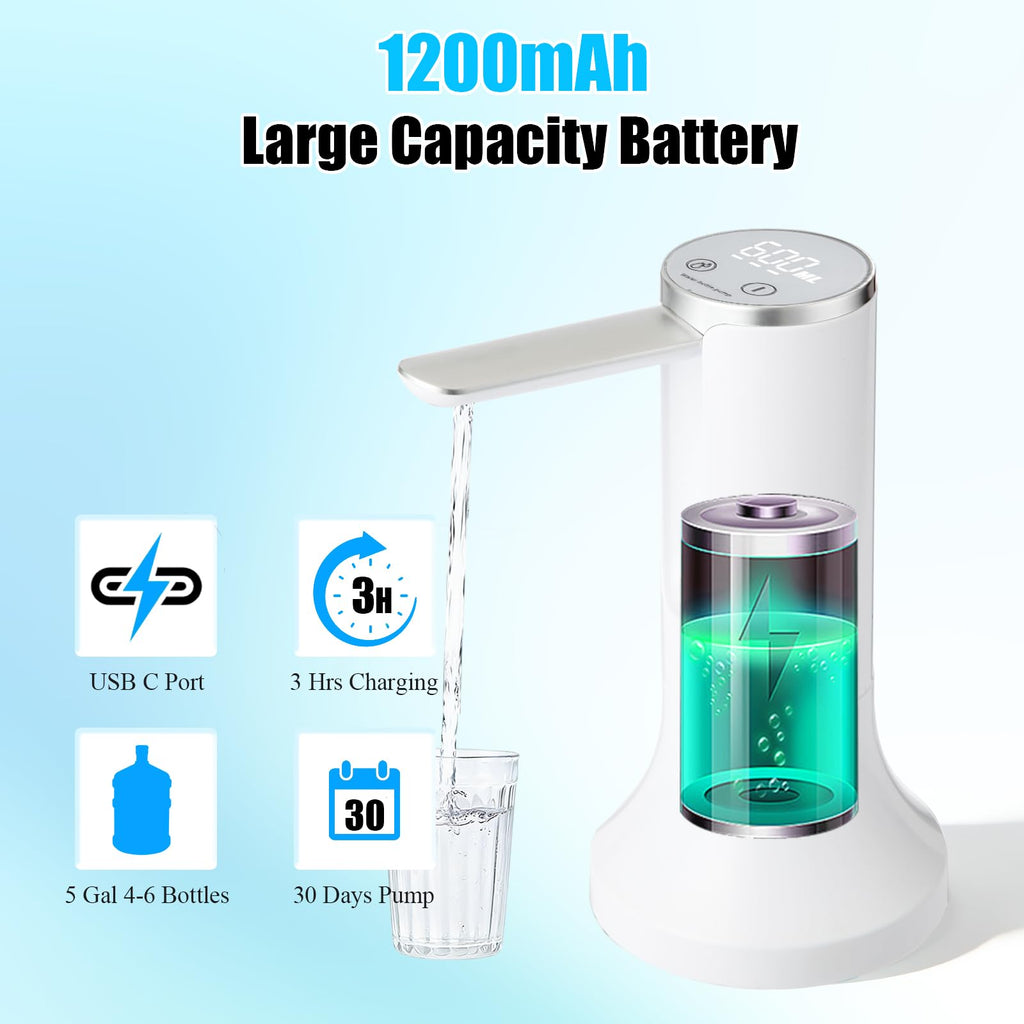 Countertop Water Dispenser with LED Display, Foldable Spout, 4 Dispense Modes, USB-C Rechargeable, White A2060