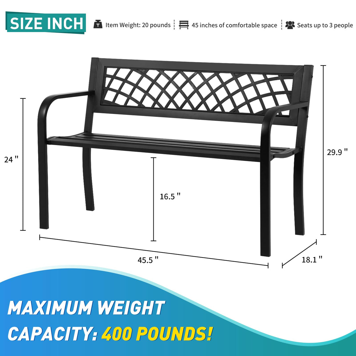 Black Iron Steel Outdoor Bench with Backrest and Armrests Z8326