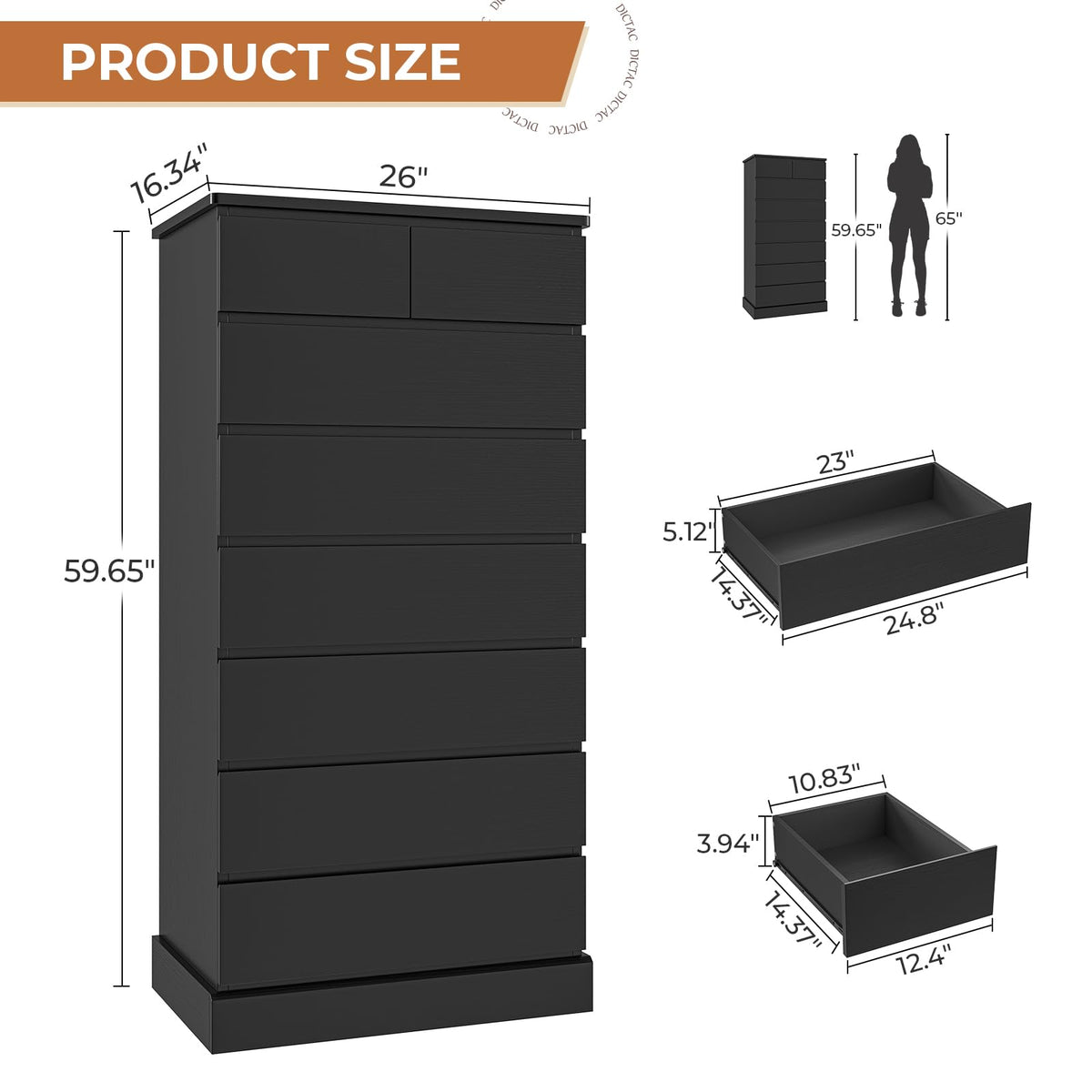 Black 8 Drawer Wood Dresser S7155