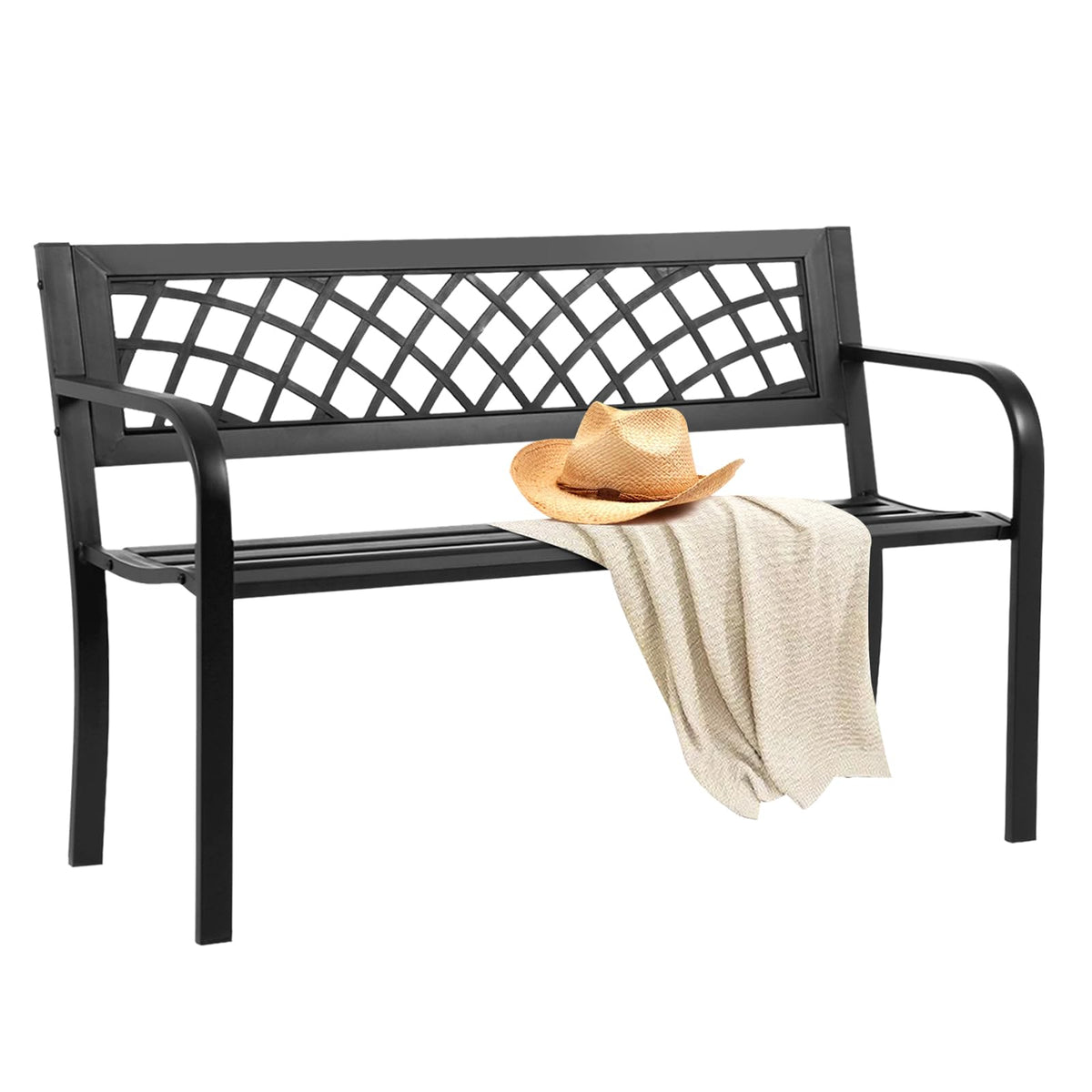 Black Iron Steel Outdoor Bench with Backrest and Armrests Z8326