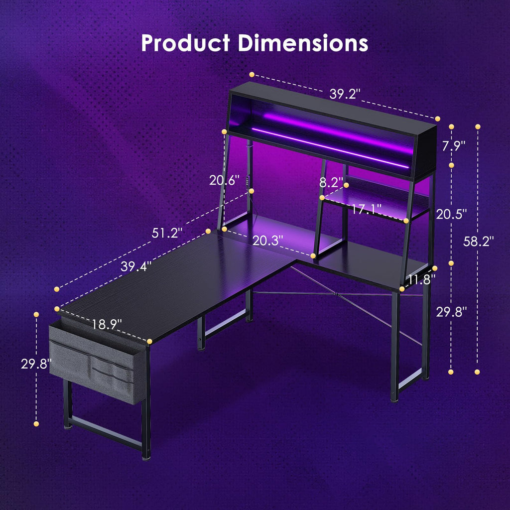 51 Inch L Shaped Gaming Desk with Display Shelves G778874