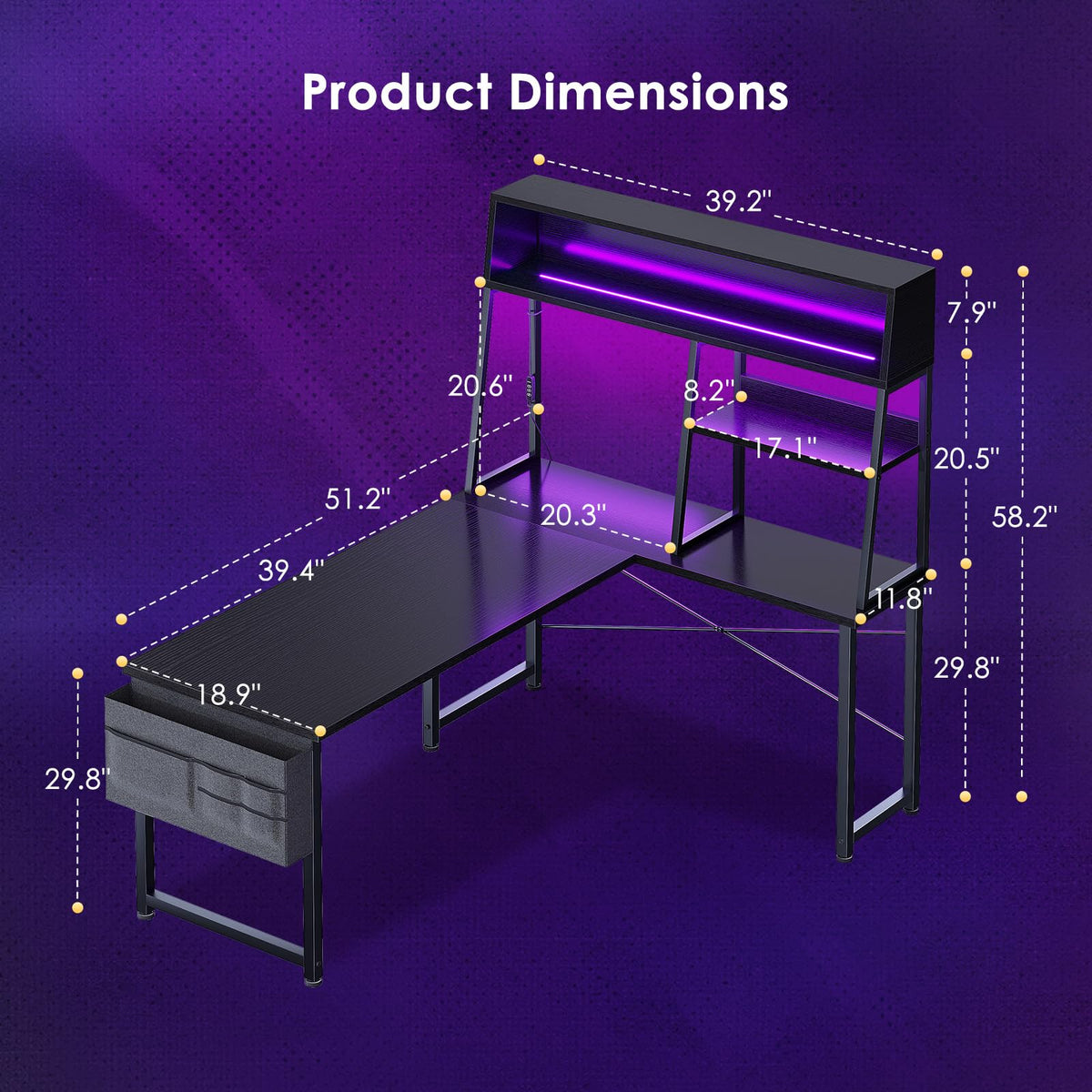 51 Inch L Shaped Gaming Desk with Display Shelves G778874