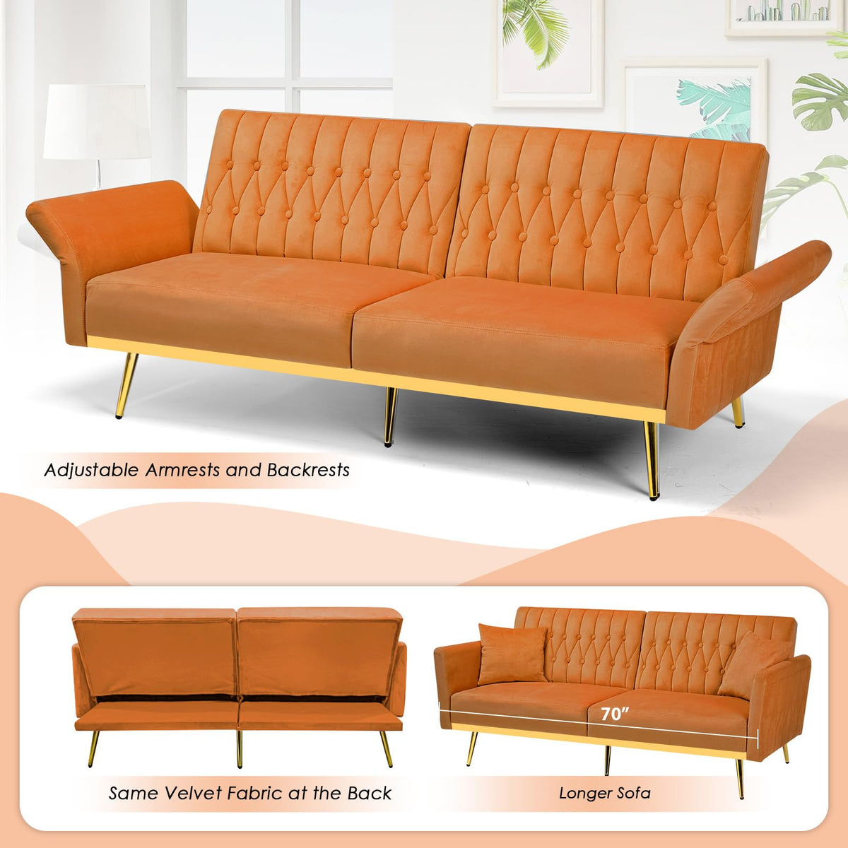 70" Velvet Futon with Adjustable Backrest and Armrests F74024