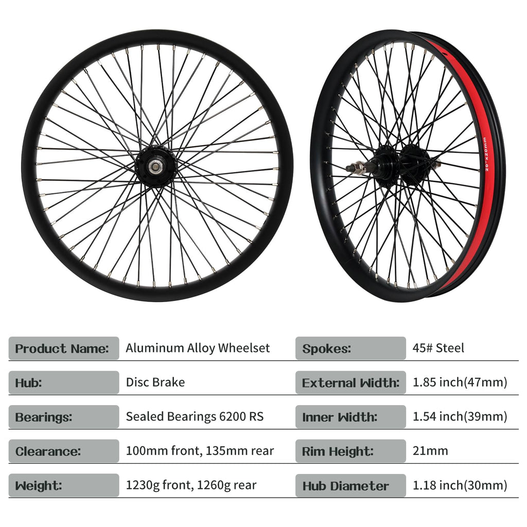 20"/26" Heavy Duty Bike Wheelset, Front and Rear, 12 Gauge 48 Spokes, Double Wall Aluminum Alloy Disc Brake MTB I21130