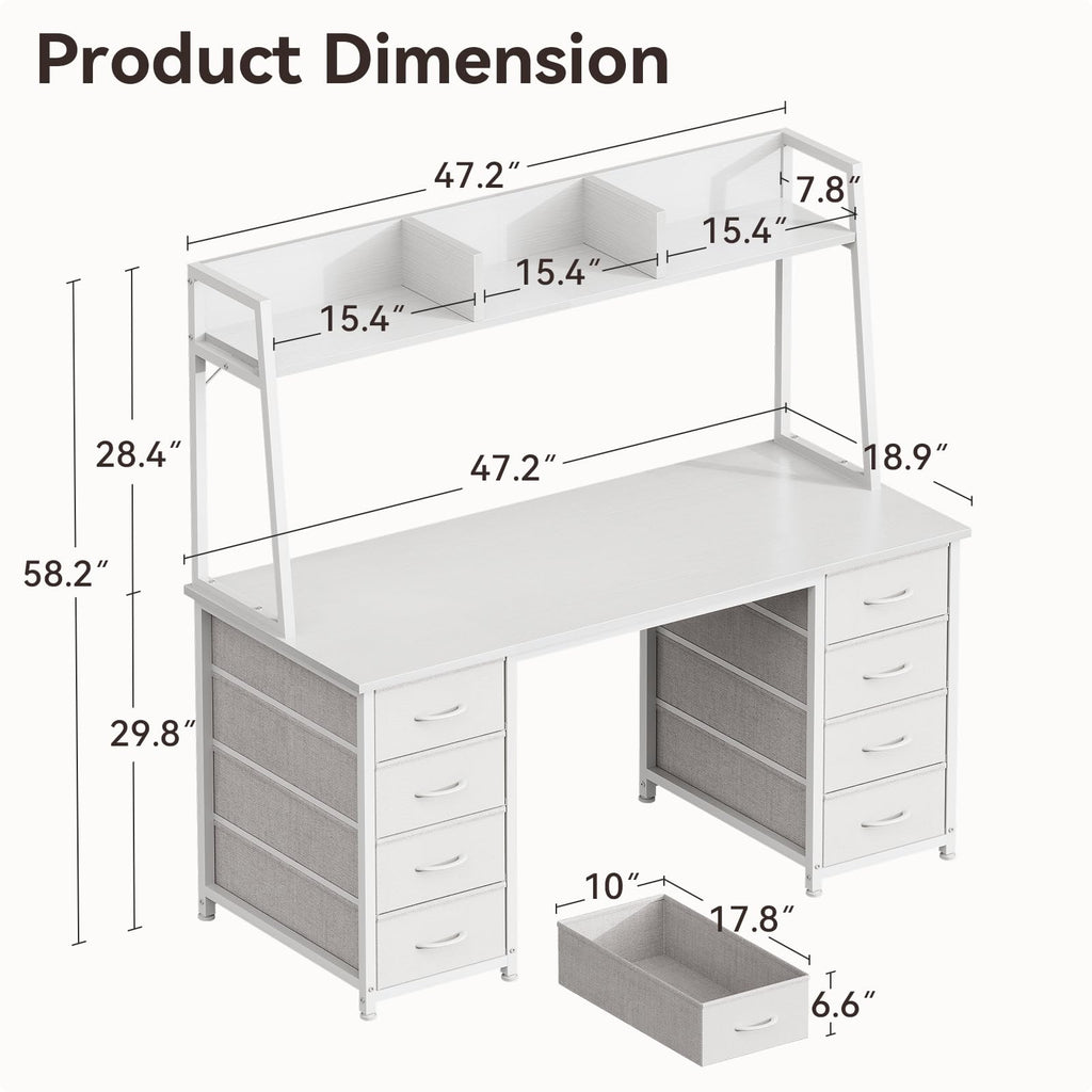 48 Inch White Computer Desk with Hutch and 8 Drawers N27327