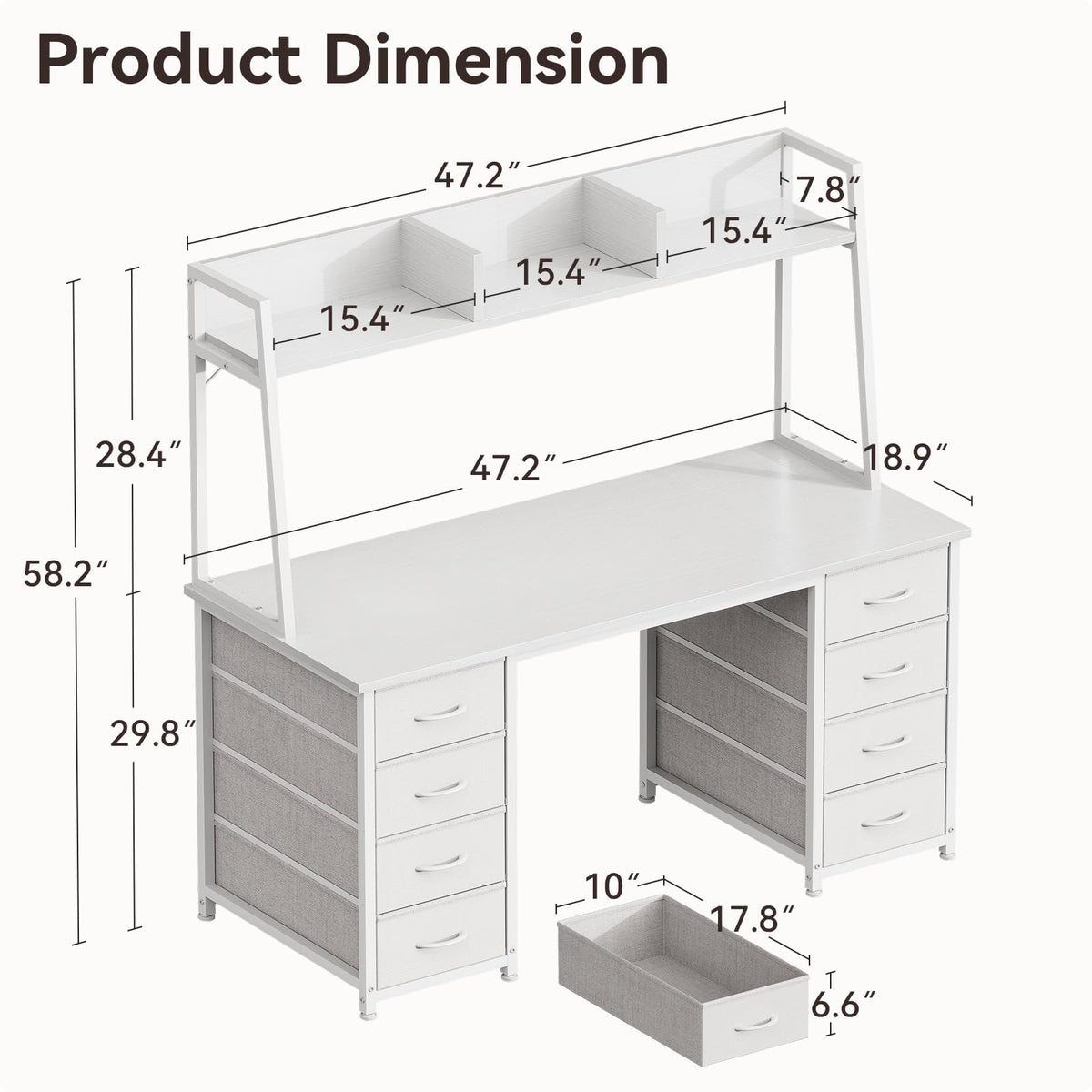 48 Inch White Computer Desk with Hutch and 8 Drawers N27327