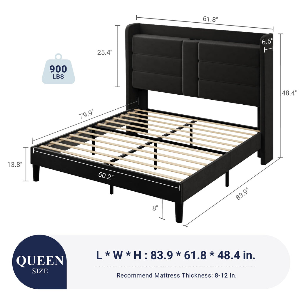 Queen Size Black Velvet Upholstered Platform Bed Frame with Storage Headboard L523954