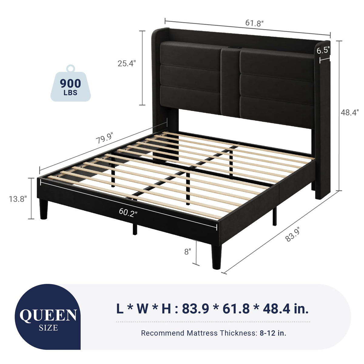 Queen Size Black Velvet Upholstered Platform Bed Frame with Storage Headboard L523954