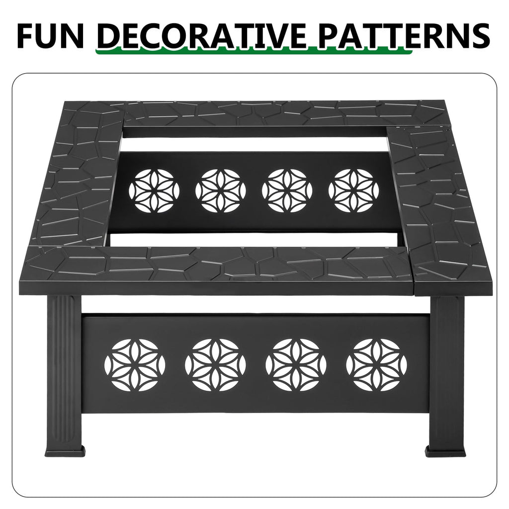 32 Inch Square Wood Burning Fire Pit Table with Spark Screen Lid and Fire Poker X467779