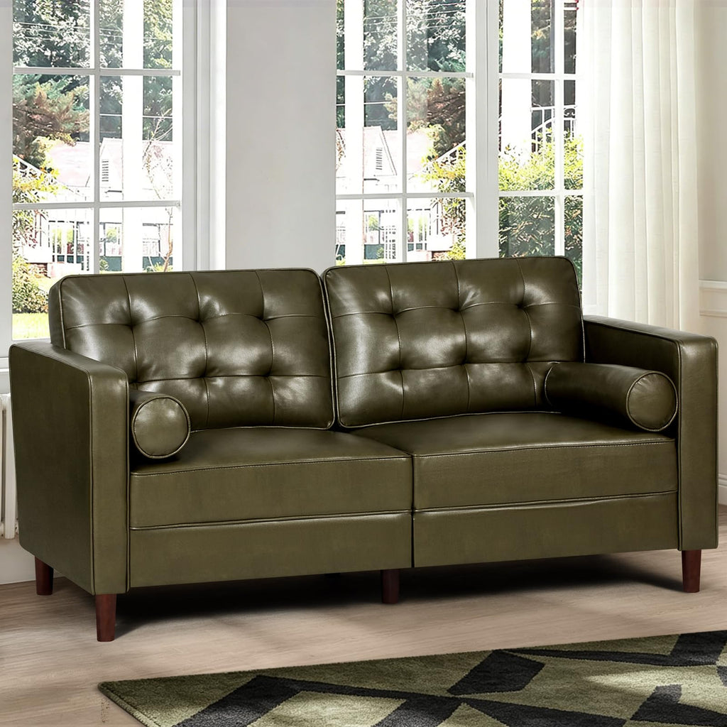 67" Olive Green Faux Leather 2-Seater Sofa with Bolster Pillows F99687