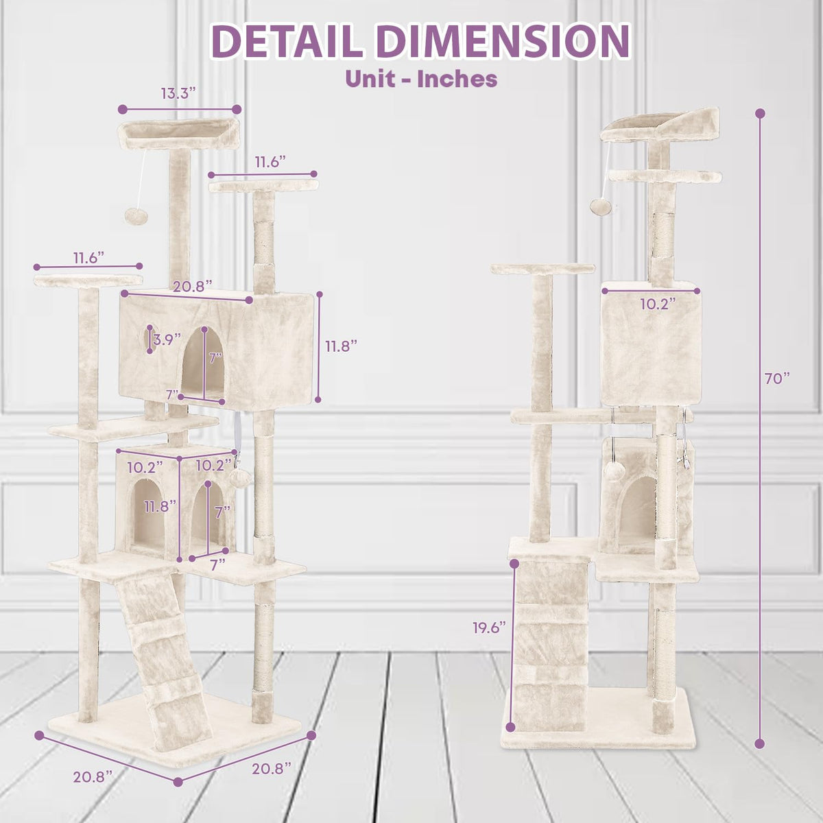 70 Inches Multi-Level Cat Tree with Scratching Posts J779439