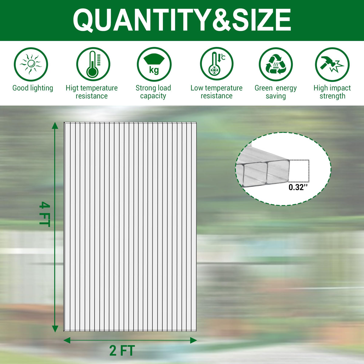 12 PCS Polycarbonate Greenhouse Panels 4' x 2' x 0.32'' I5786