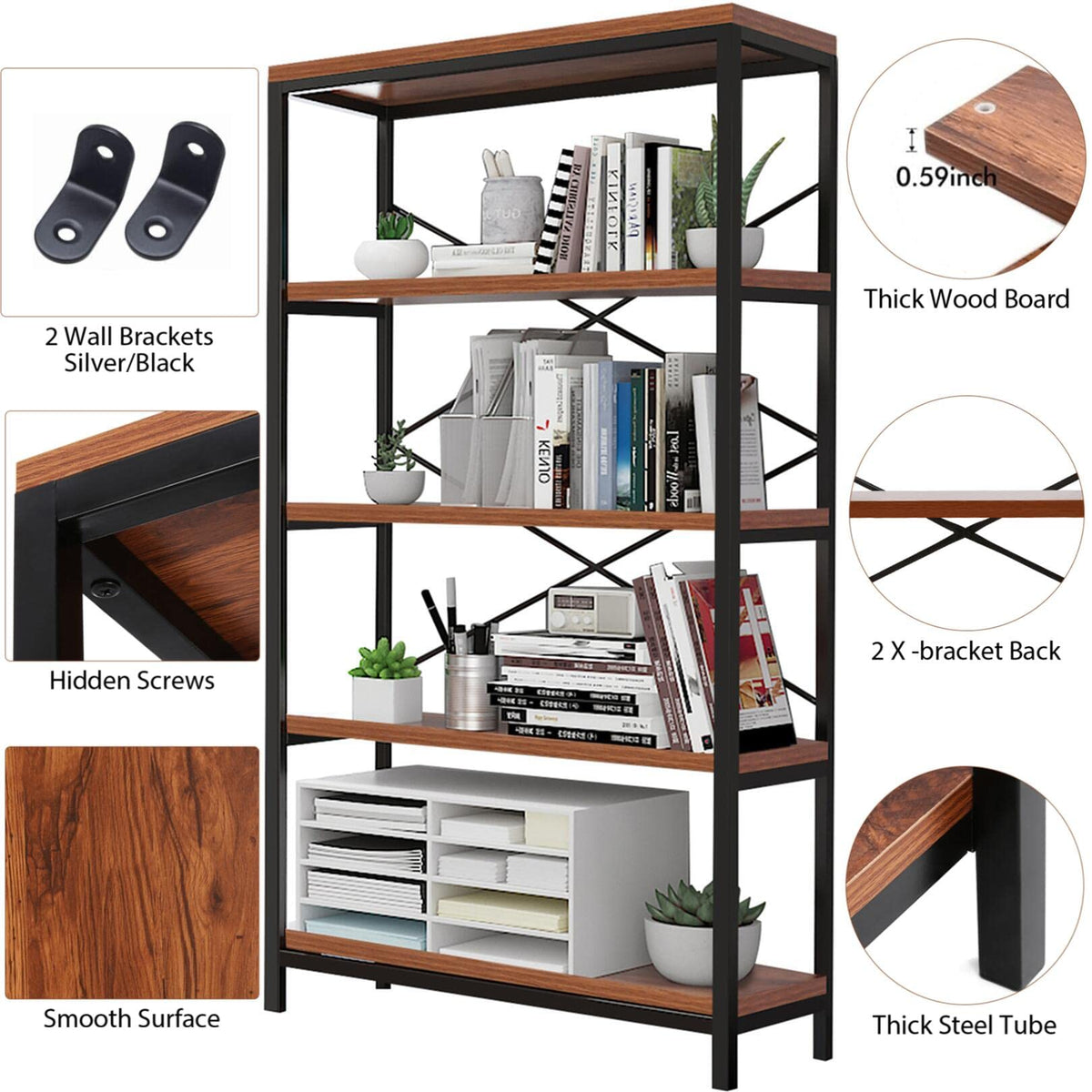 5 Tier Heavy Duty Freestanding Bookcase O492047