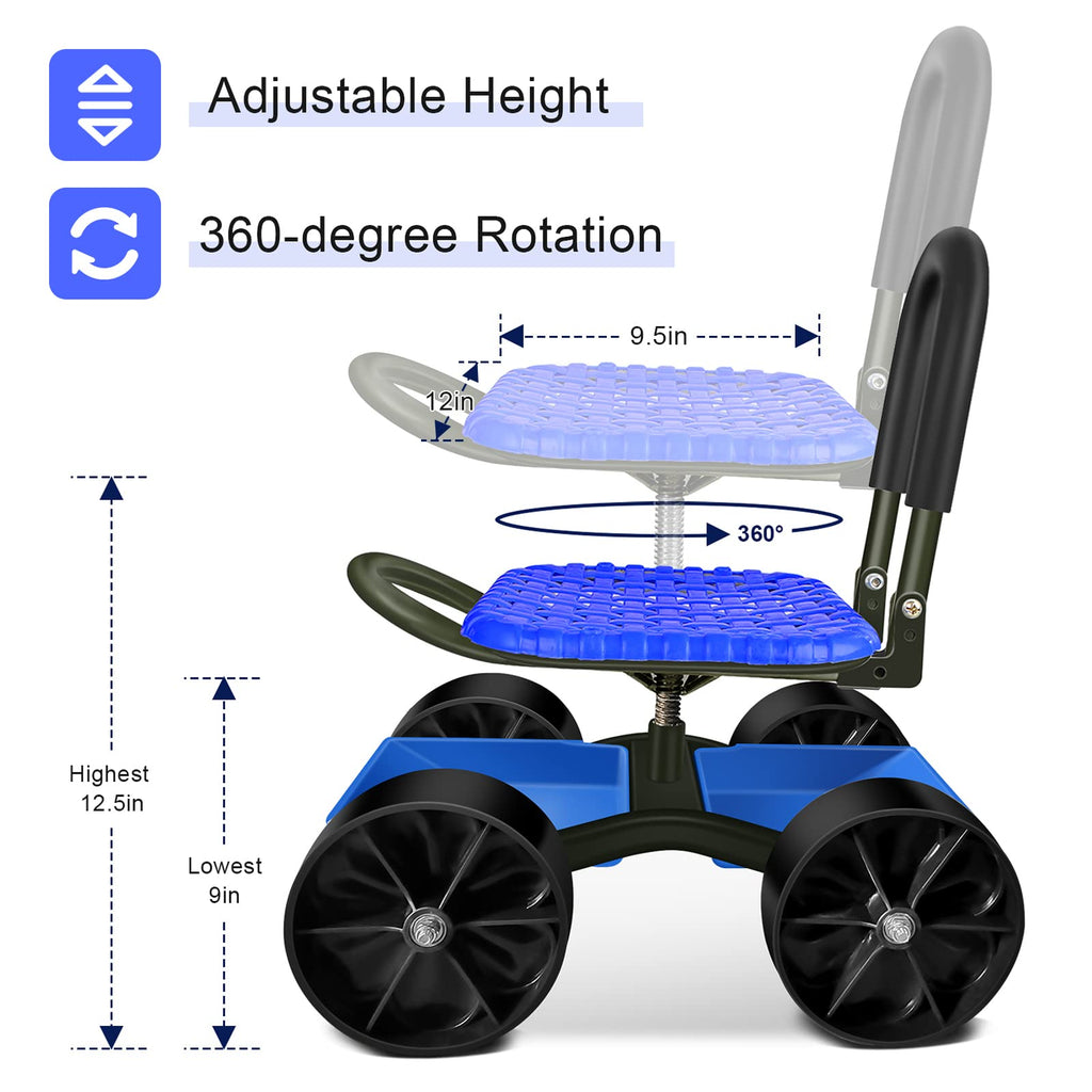 Blue Rolling Garden Cart with Four Wheels and Tool Bag F7205