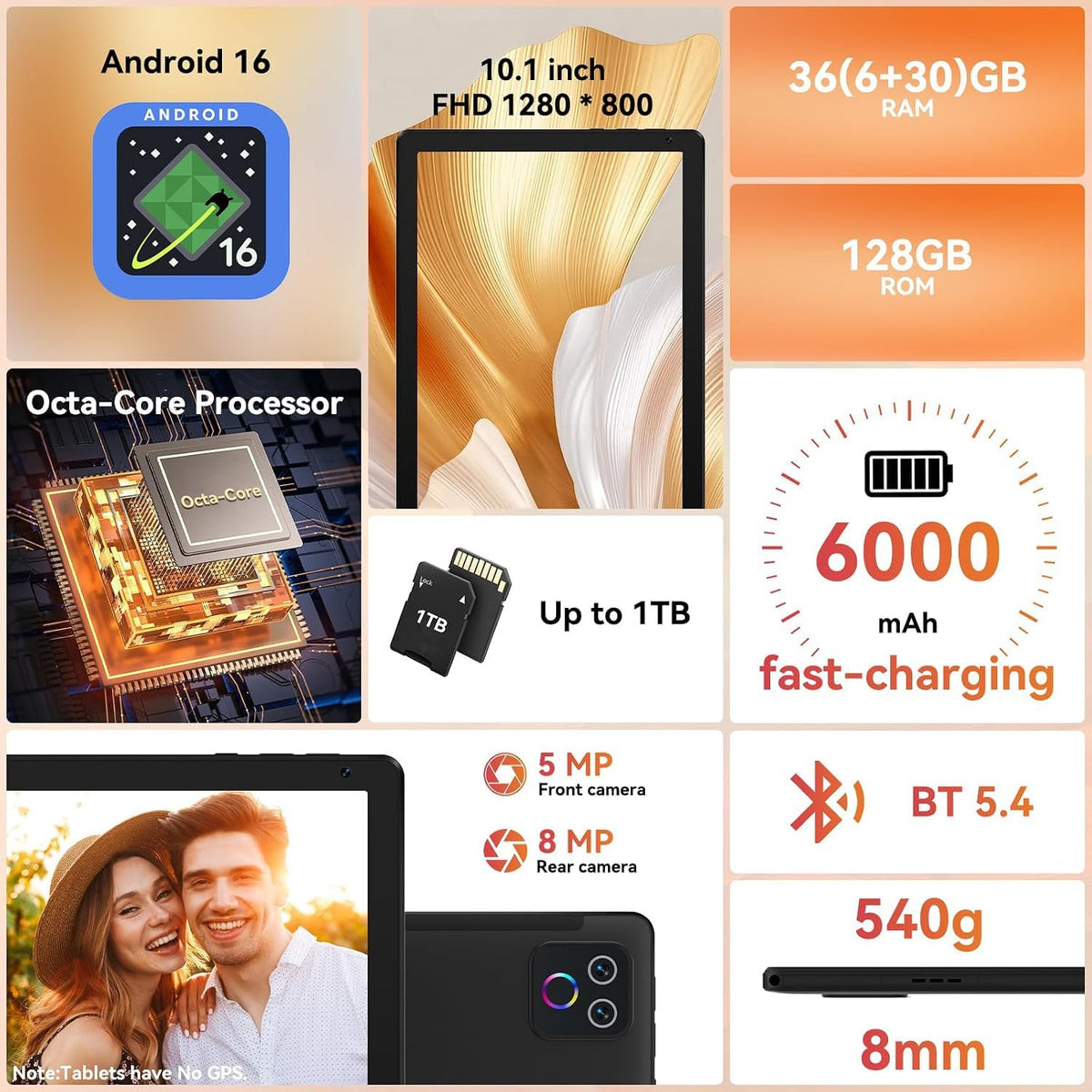 10.1" Android 16 Tablet Octa-core 36GB+128GB Dual Camera A2061