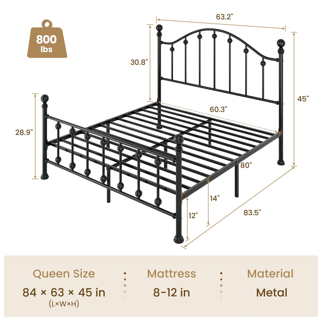 Queen Metal Bed Frame with Victorian Headboard and Footboard Black I195355