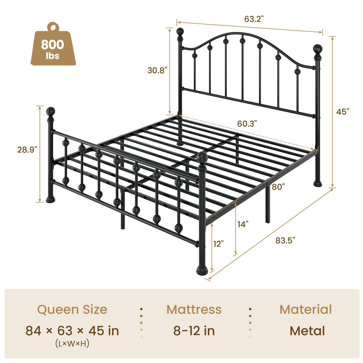 Queen Metal Bed Frame with Victorian Headboard and Footboard Black I195355
