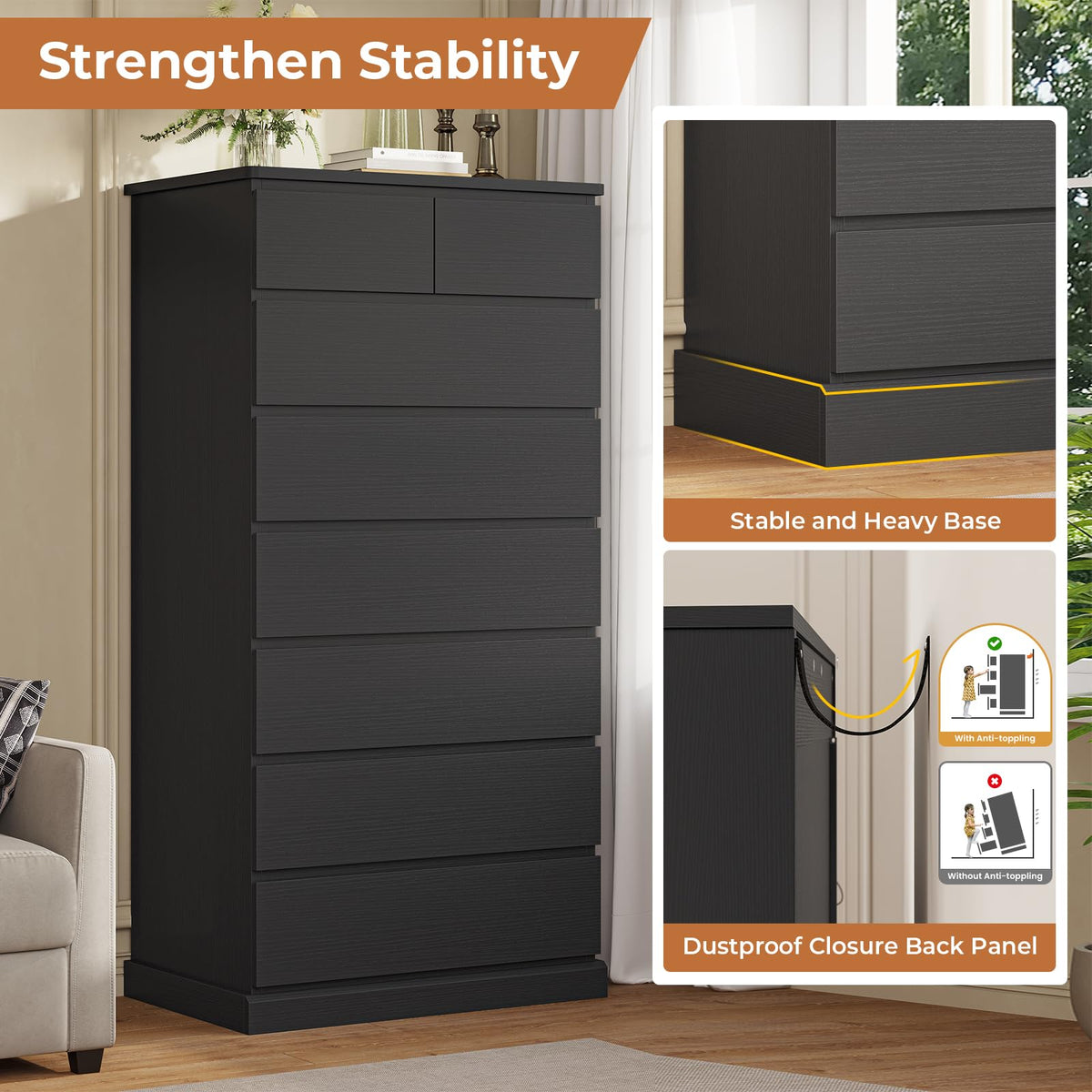Black 8 Drawer Wood Dresser S7155