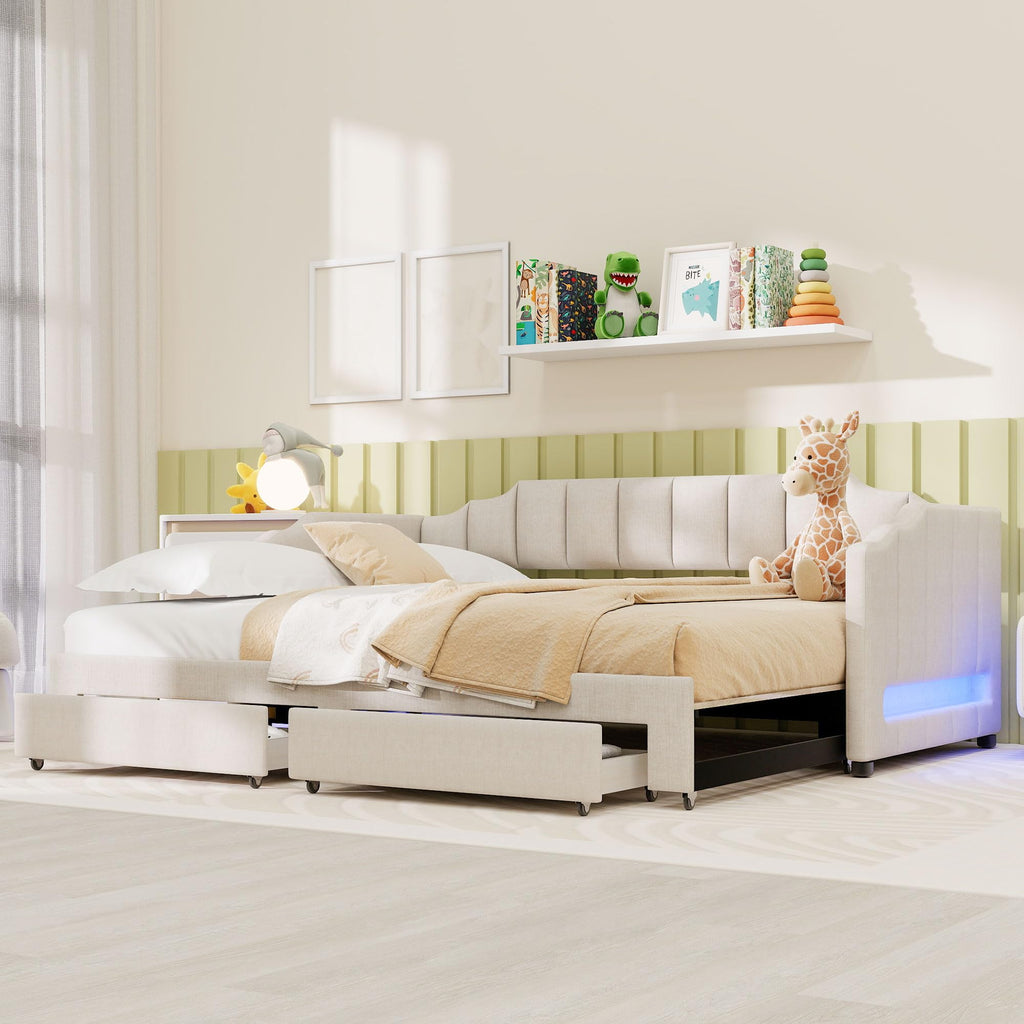 Linen Upholstered Daybed with Trundle and 2 Storage Drawers L23655