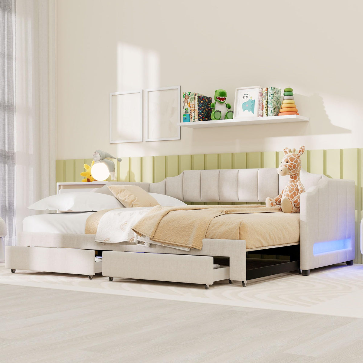 Linen Upholstered Daybed with Trundle and 2 Storage Drawers L23655