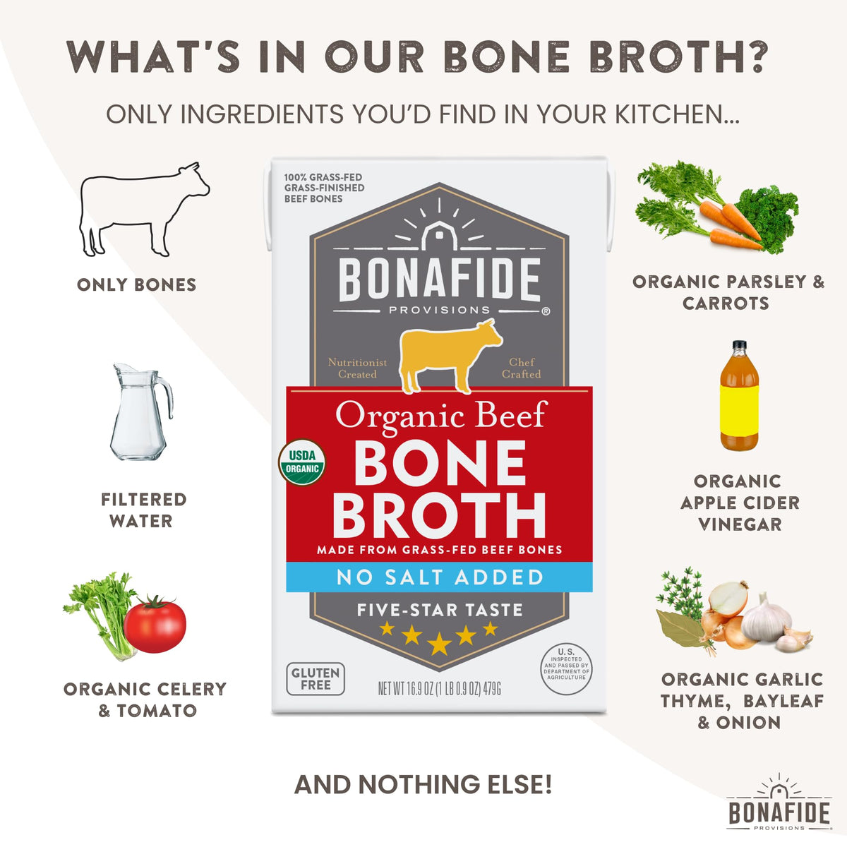 Organic Beef Bone Broth No Salt Added 16.9oz 6 Pack U52501
