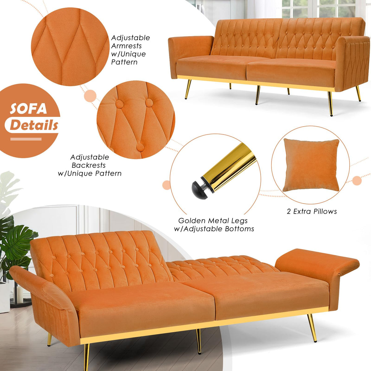 70" Velvet Futon with Adjustable Backrest and Armrests F74024