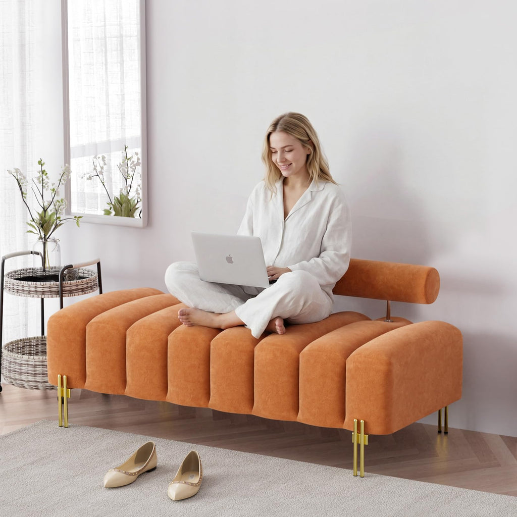 Orange Velvet Ottoman Bench W7495