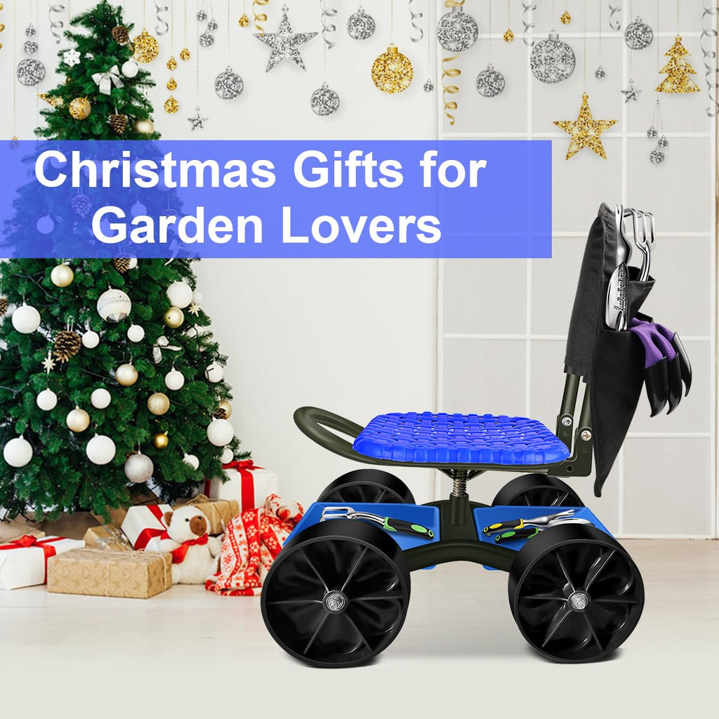 Blue Rolling Garden Cart with Four Wheels and Tool Bag F7205