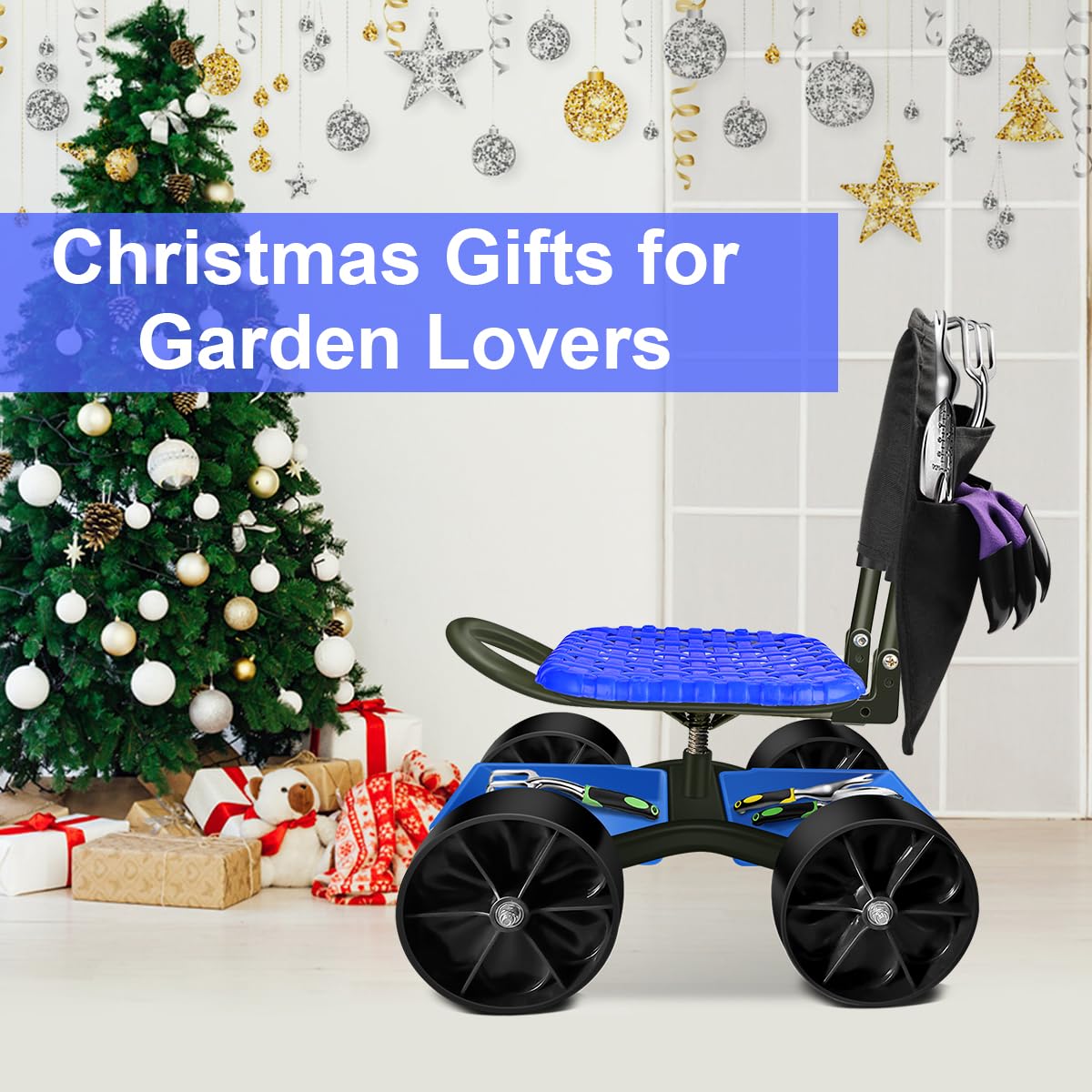 Blue Rolling Garden Cart with Four Wheels and Tool Bag F7205