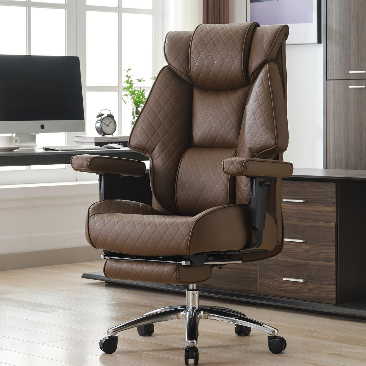 Big and Tall Office Chair with Footrest, PU Leather High Back Executive Chair 400lbs, Ergonomic Computer Chair Lumbar Support (Brown) E152471