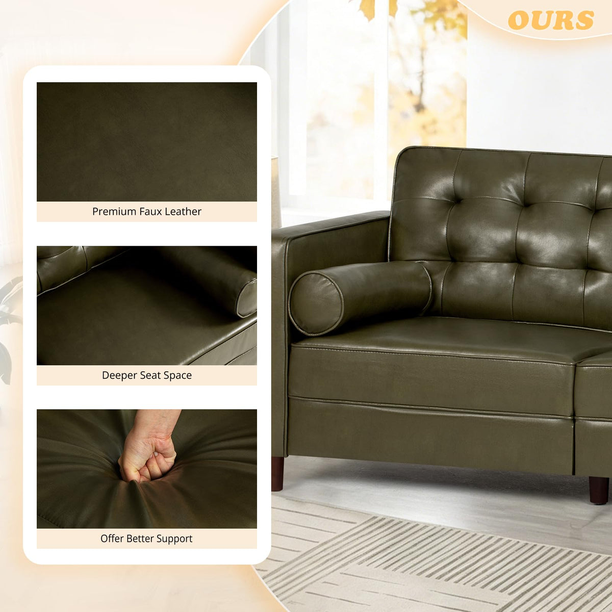 67" Olive Green Faux Leather 2-Seater Sofa with Bolster Pillows F99687