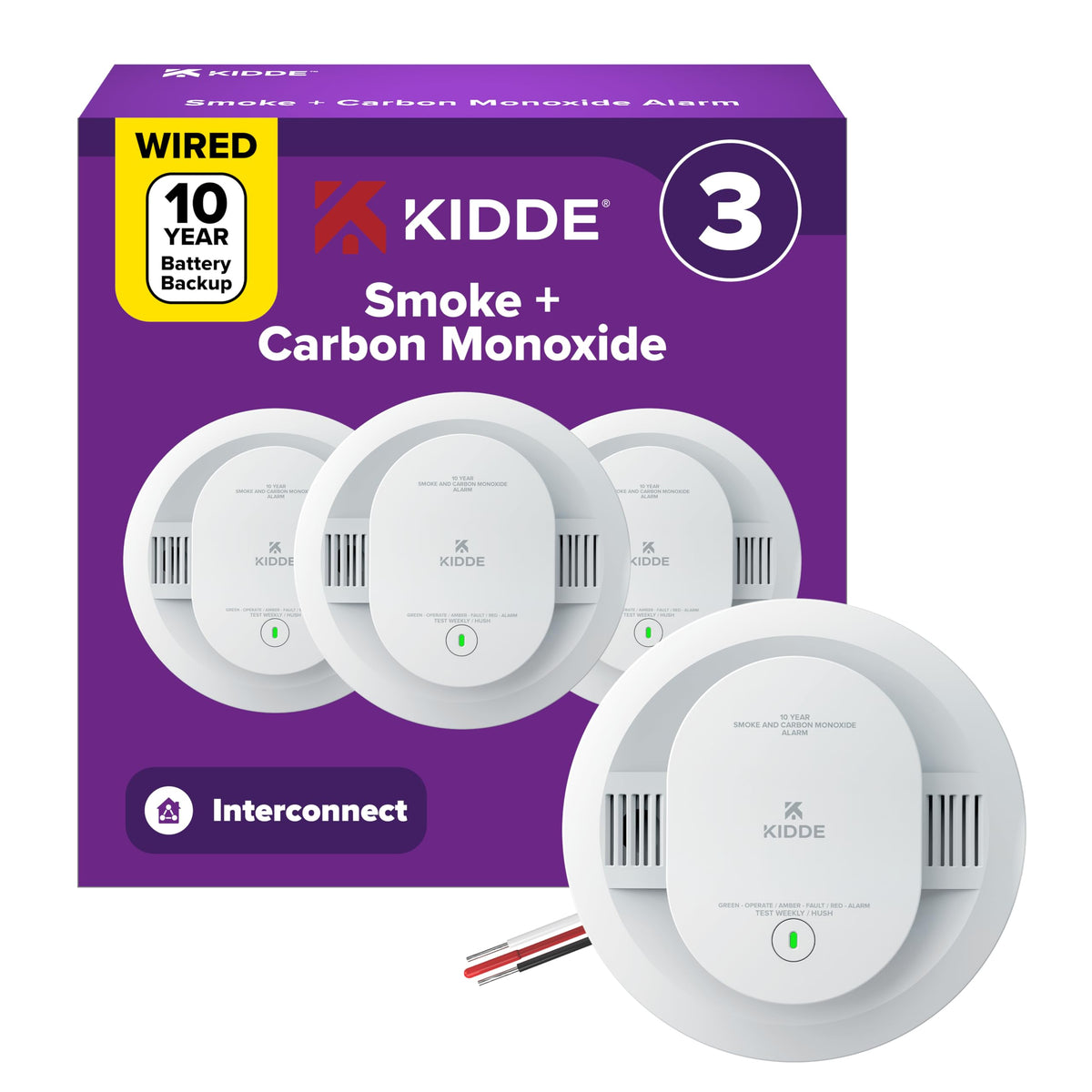 Smoke & CO Detector, Hardwired & 10-Year Battery, 3 Pack Q370