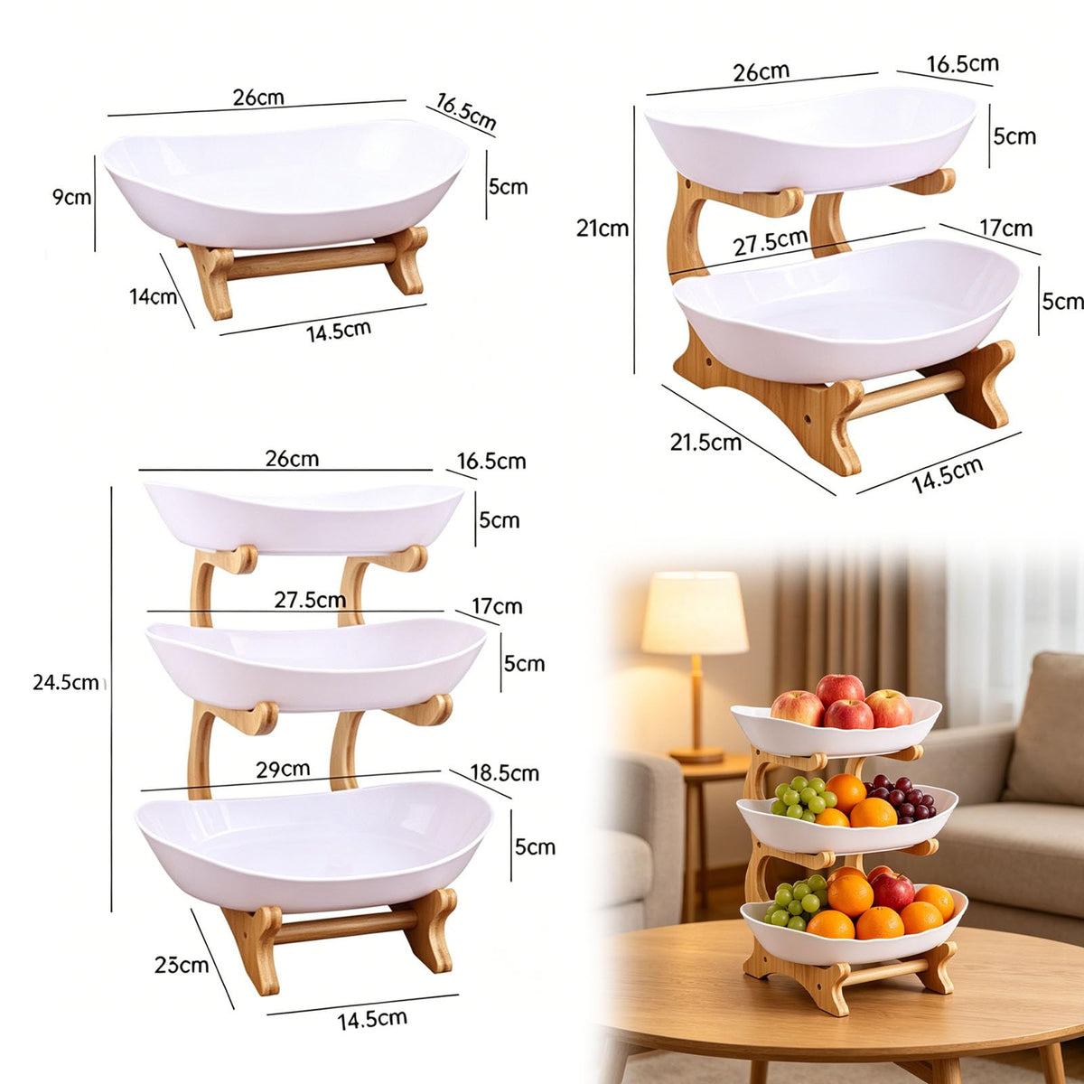 3 Tier Oval Fruit Basket with Bamboo Stand G878291