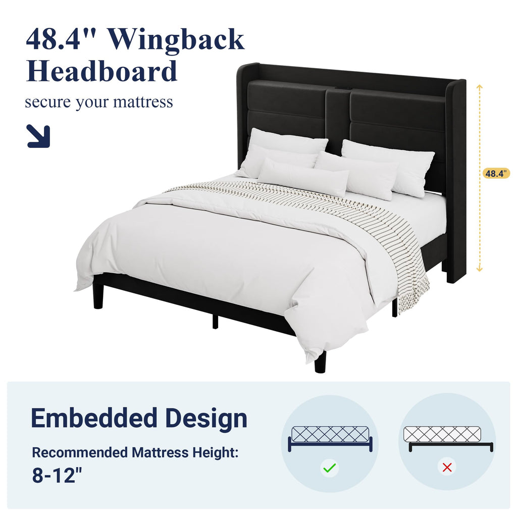 Queen Size Black Velvet Upholstered Platform Bed Frame with Storage Headboard L523954