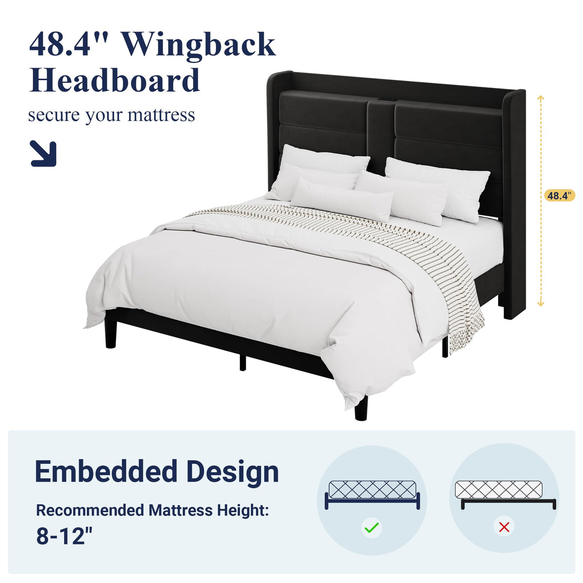 Queen Size Black Velvet Upholstered Platform Bed Frame with Storage Headboard L523954