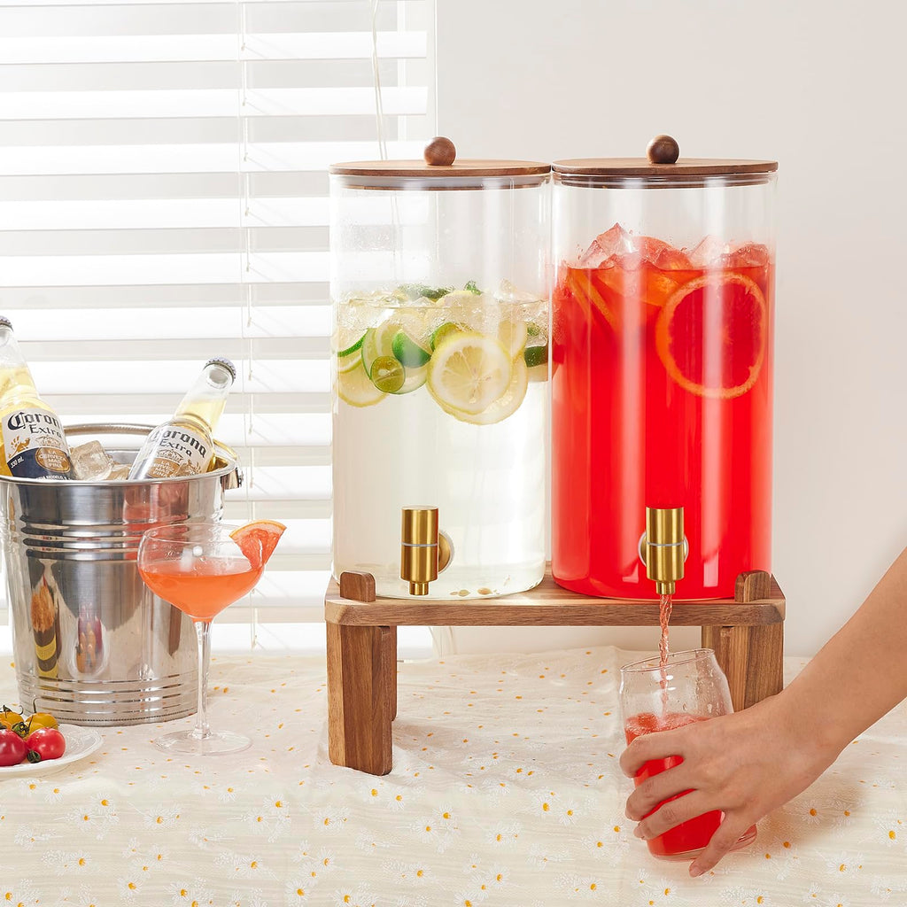 2pcs 1.5 Gallon Glass Drink Dispenser with Wood Stand K1268